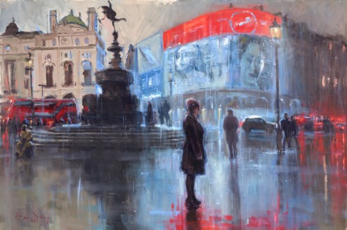 Piccadilly Rain by Kevin Day - Varnished Original Painting on Stretched Canvas